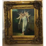 An oil on panel depicting a Neo-Classical scene with a lady attended by two cherubs, in decorative,