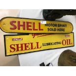 Two cast-iron Shell signs