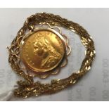 An 1892 shieldback half sovereign on a 9ct chain