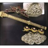 Quality vintage dress jewellery: garnet bee brooch, marcasite clips,