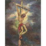 An oil on board depicting the Crucifixion, indistinctly signed, unframed,