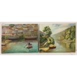 Two oils on canvas depicting Mevagissey, Cornwall, & Mill Creek on the Dart, signed F. E.