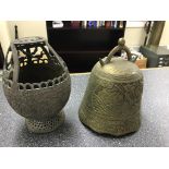 An Oriental bell and metal pierced basket