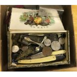 A box of odds to inc lighters, penknives, eye bath,