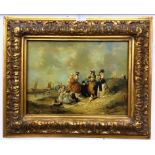 An oil on panel depicting figures on a beach, in decorative frame, H 25 x W 39 cm.