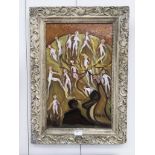 A Surrealist oil on board depicting numerous figures, signed lower right,