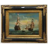 An oil on panel depicting a shipping scene, signed Lemonier, H 30 x W 39 cm.