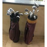 Two sets of golf clubs in golf bags