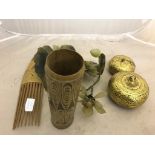 Oriental items to inc Jade Flower, Lacquered and gilded gourds, and bamboo brushwasher and comb.