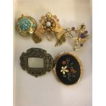 A 9ct pietra dura brooch; together with a 15ct pearl and amethyst pendant brooch,