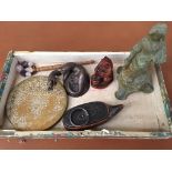 A box to inc a bronze figure of a dog, a treen snuff box in the form of a shoe,