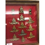 Framed and glazed Royal Artillery badges to inc Volunteer and shires (Reproductions)