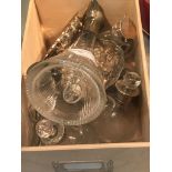 A mixed lot of items comprising a pair of silver bonbon dishes, a small decanter,