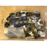 A large quantity of World and GB coins, a few silver examples, medals, badges, detector finds,