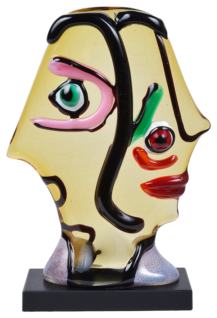 A Picasso-Style Double Face Murano Glass Sculpture: signature signed to black glass base 'G. C.