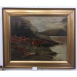 A 19th century oil on canvas depicting deer on the edge of a loch,