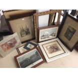 A quantity of pictures to inc an original landscape watercolour, hand-coloured prints,