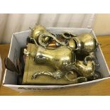 A box of EPNS and brass to inc teaset,