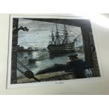 A hand-coloured print of HMS Victory,