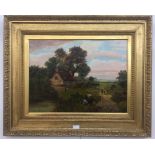 A late 19th century oil on canvas depicting figures in a rural landscape, possibly Hexham,