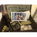 A box of jewellery and dress jewellery to inc gold rings, pens,