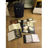 A travel case of stamps to inc German albums, World, GB, clean albums, album of coins,