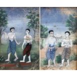 Burmese School (18th/19th century): A pair of gouache studies depicting figures in landscapes,