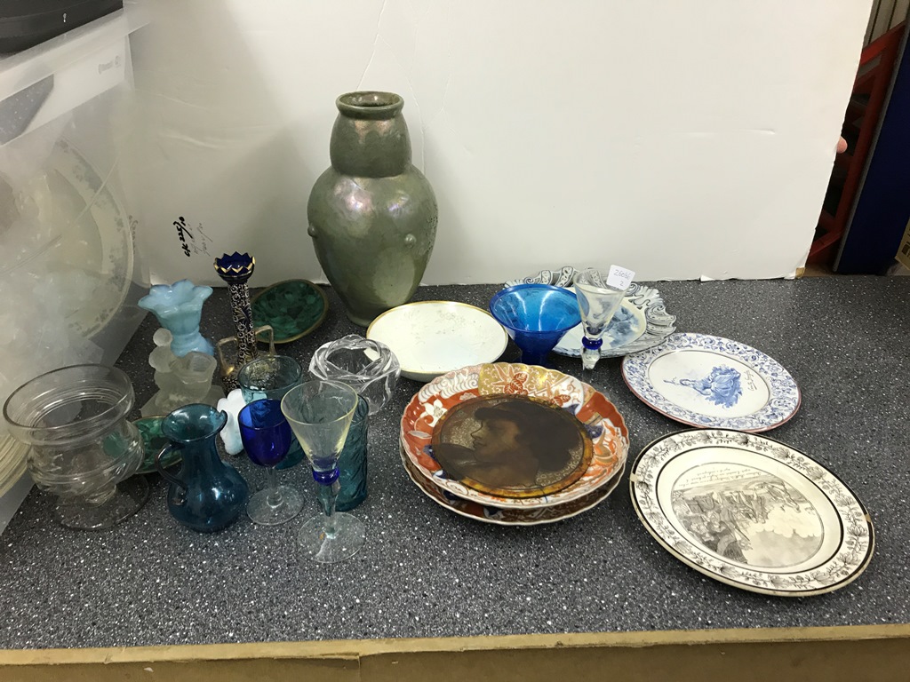 A quantity of vintage glass to inc Roman style, crystal, enamelled; together with Oriental plates,
