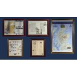 Five framed whisky information prints