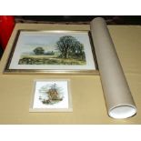 Two framed prints together with a tube containing posters