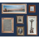 Two framed photographs, a mirror and three framed prints