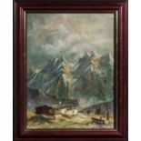 A framed oil on board depicting a mountain scene size 40cm x 29.5cm