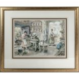 A framed print depicting a potter in a family scene signed Sturgeon