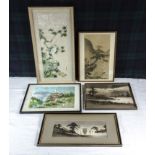 Five framed oriental prints