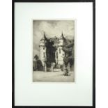 A framed etching depicting Falkland Palace, signed. size 32cm x 29.5cm