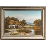 E Grant Kurtis A gilt framed oil on canvas depicting a rural scene signed size 51cm x 75cm