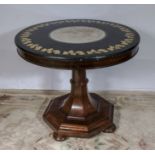 A Victorian mahogany based centre table with polished and decorated slate top