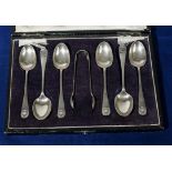 Cased set of silver teaspoons and tongs Sheffield 1919