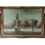 A gilt framed oil on canvas depicting a nautical scene size 60cm x 90cm