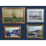 Four framed prints depicting nautical scenes