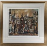 A gilt framed print depicting a street scene signed in pencil B J Gordon