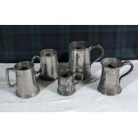 Five pewter tankards