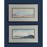 Two framed prints depicting a marsh and highland scene