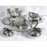 A silver plated 3 piece tea set, tray, goblets and other items