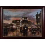 A framed print of trams