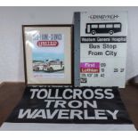 A destination roll for a bus, a metal Edinburgh bus stop sign and a framed United Bus poster