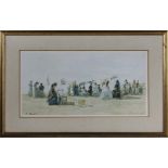 A framed print of ladies on a beach, indistinct signature. Image size 22cm x 44cm