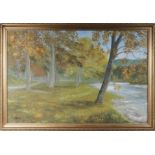A framed painting of a river scene