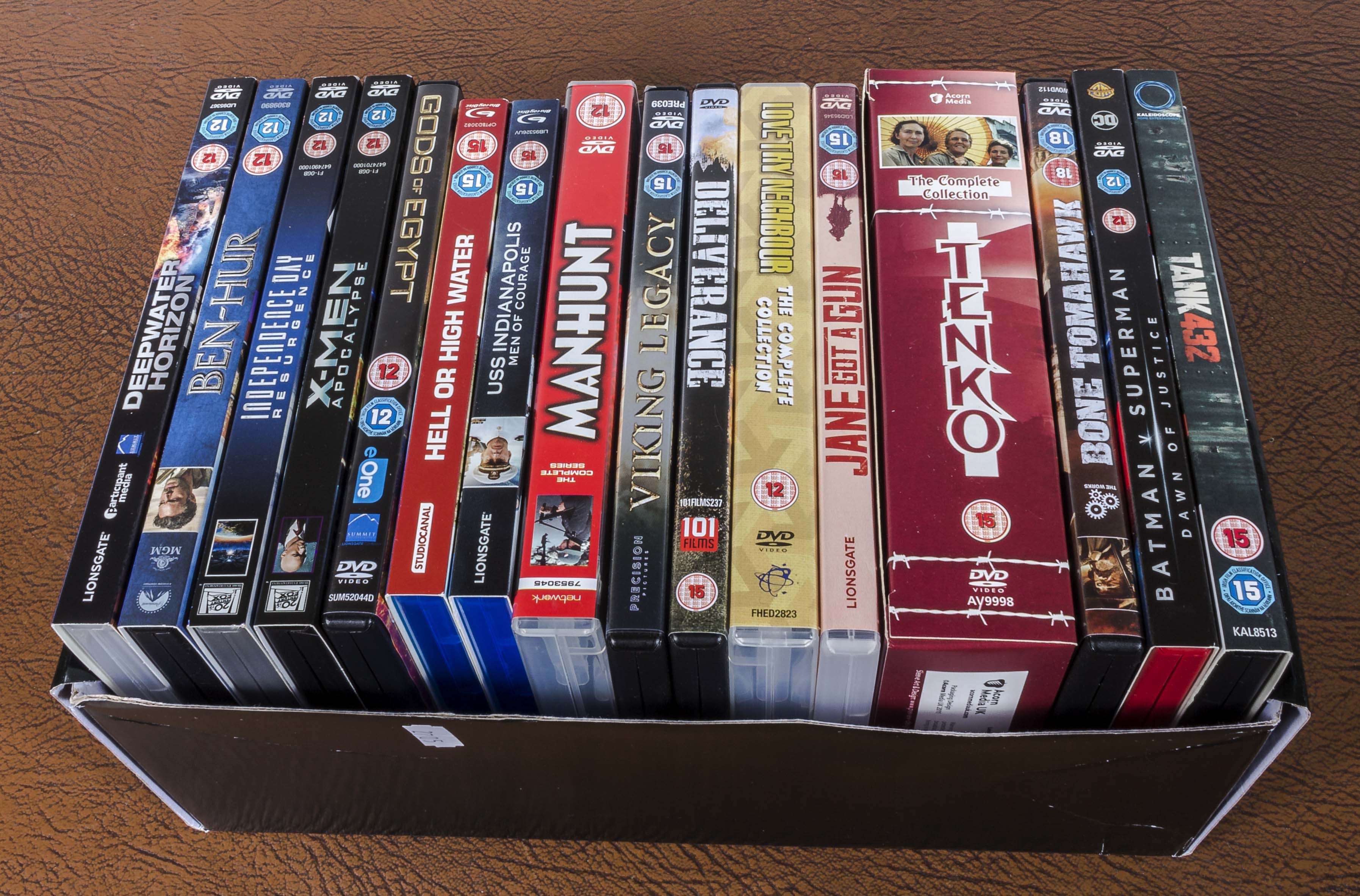 A box containing DVDs
