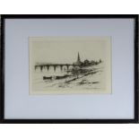 A framed etching of Perth Bridge signed D Y Cameron size 17cm x 25.6cm